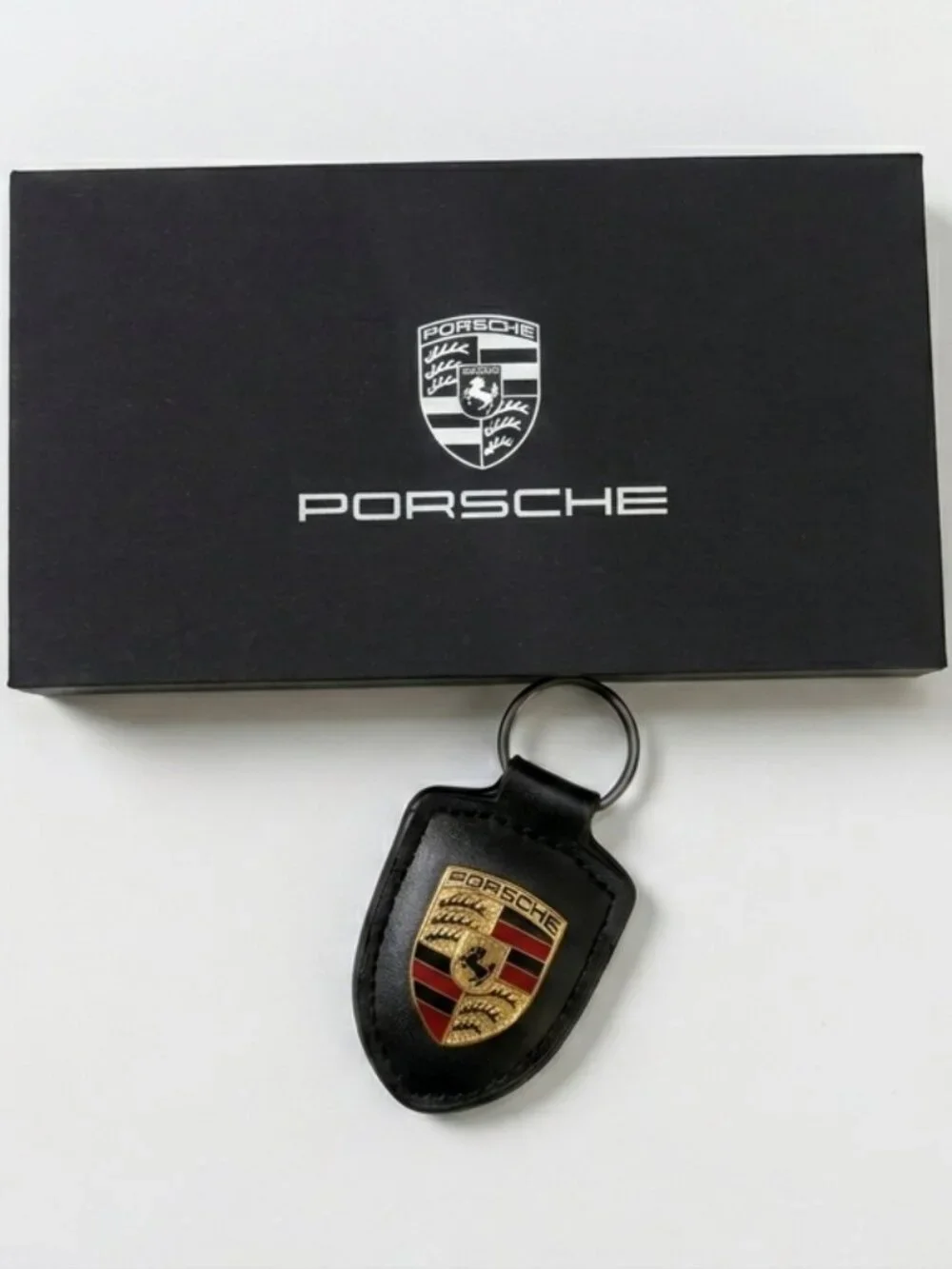 NEW Porsche Black Emblem Crest Leather Keychain Key Ring Fob – Premium Metal